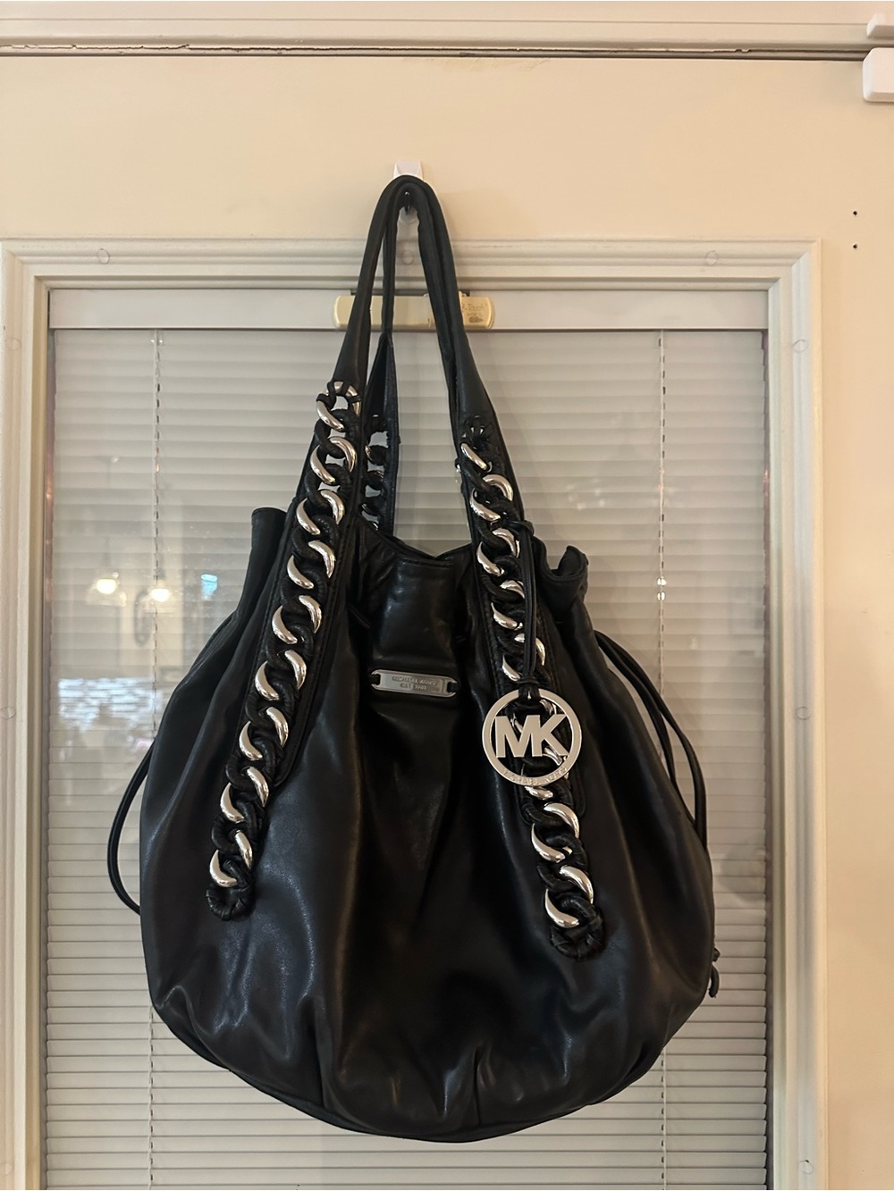 Michael Kors Black Leather Shoulder Tote with Silver Chain Trim